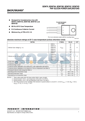 BDW74D datasheet - PNP SILICON POWER DARLINGTONS
