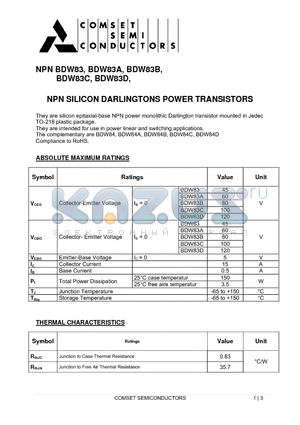 BDW83 datasheet - NPN SILICON DARLINGTONS POWER TRANSISTORS