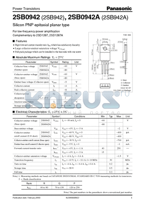 2SB942 datasheet - For Low-Frequency Power Amplification