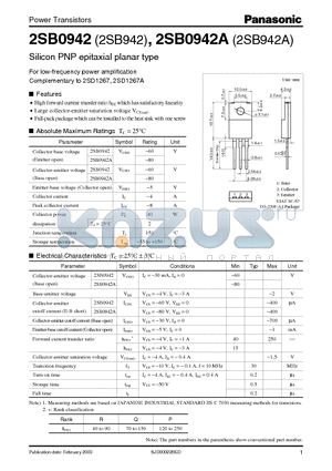 2SB942A datasheet - For Low-Frequency Power Amplification