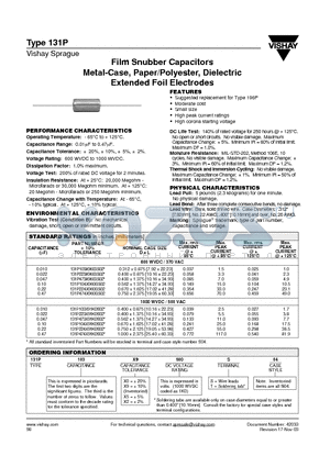 131P103X0600S02 datasheet - Film Snubber Capacitors Metal-Case, Paper/Polyester, Dielectric Extended Foil Electrodes