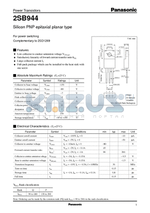 2SB944 datasheet - Silicon PNP epitaxial planar type(For power switching)
