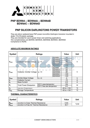BDW84A datasheet - PNP SILICON DARLINGTONS POWER TRANSISTORS