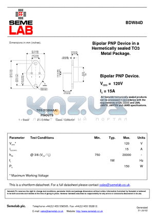 BDW84D datasheet - Bipolar PNP Device in a Hermetically sealed TO3