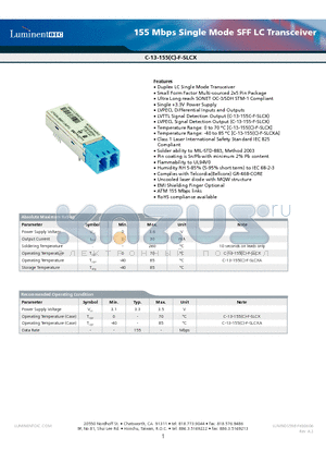 C-13-155-F-SLC9AS datasheet - 155 Mbps Single Mode SFF LC Transceiver