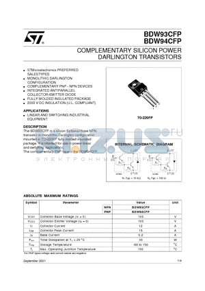 BDW93CFP_01 datasheet - COMPLEMENTARY SILICON POWER DARLINGTON TRANSISTORS