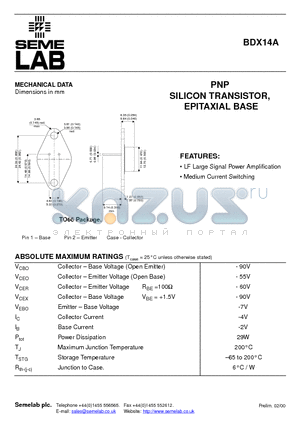 BDX14A datasheet - PNP SILICON TRANSISTOR, EPITAXIAL BASE