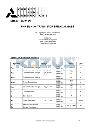 BDX18 datasheet - PNP SILICON TRANSISTOR EPITAXIAL BASE