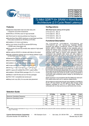 CY7C1541V18-300BZXI datasheet - 72-Mbit QDR-II SRAM 4-Word Burst Architecture (2.0 Cycle Read Latency)