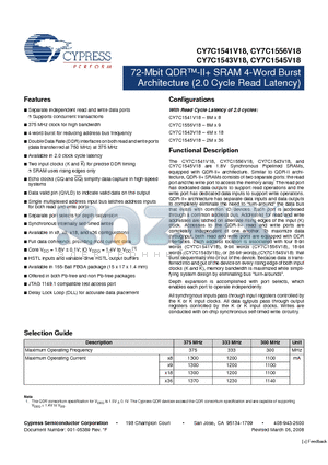 CY7C1543V18-333BZXC datasheet - 72-Mbit QDR-II SRAM 4-Word Burst Architecture (2.0 Cycle Read Latency)