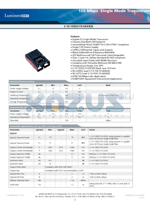 C-13-155-T-SSC9A-G5 datasheet - 155 Mbps Single Mode Transceiver