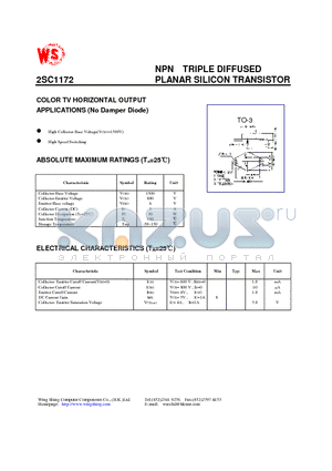 2SC1172 datasheet - NPN TRIPLE DIFFUSED PLANAR SILICON TRANSISTOR(COLOR TV HORIZONTAL OUTPUT APPLICATIONS)