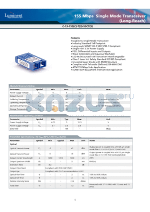 C-13-155-T-SSC9D datasheet - 155 Mbps Single Mode Transceiver (Long-Reach)