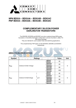 BDX33B datasheet - COMPLEMENTARY SILICON POWER DARLINGTON TRANSISTORS