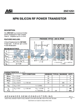 2SC1251 datasheet - NPN SILICON RF POWER TRANSISTOR