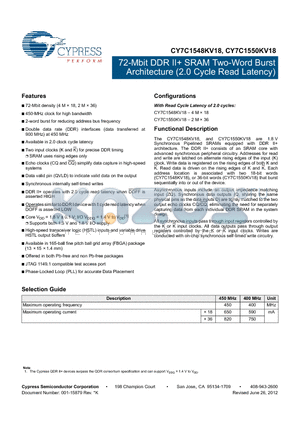 CY7C1550KV18-400BZXC datasheet - 72-Mbit DDR II SRAM Two-Word Burst Architecture (2.0 Cycle Read Latency)