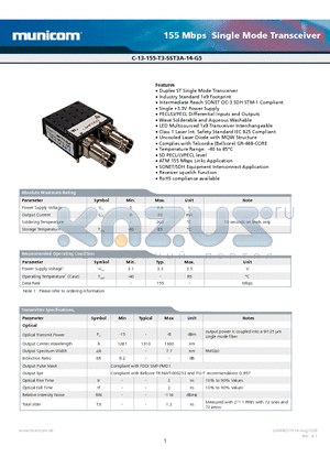 C-13-155-T3-SST3A-14-G5 datasheet - 155 Mbps Single Mode Transceiver