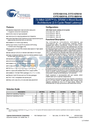 CY7C1561V18-375BZI datasheet - 72-Mbit QDR-II SRAM 4-Word Burst Architecture (2.5 Cycle Read Latency)