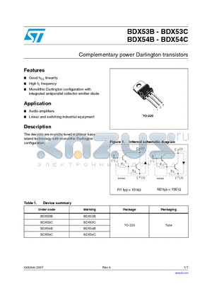 BDX53C datasheet - Complementary power Darlington transistors