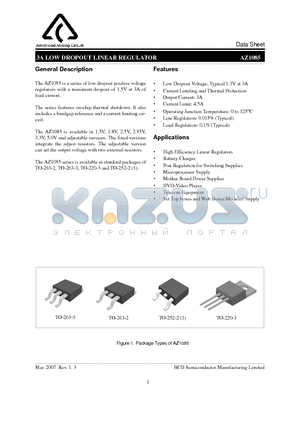 AZ1085 datasheet - 3A LOW DROPOUT LINEAR REGULATOR