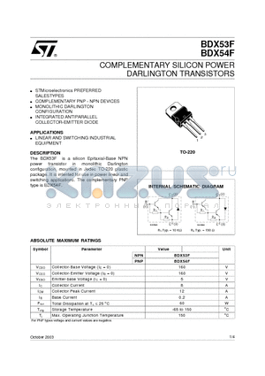 BDX53F datasheet - COMPLEMENTARY SILICON POWER DARLINGTON TRANSISTORS