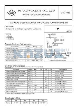 2SC1623 datasheet - TECHNICAL SPECIFICATIONS OF NPN EPITAXIAL PLANAR TRANSISTOR