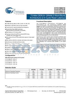 CY7C1566V18-375BZI datasheet - 72-Mbit DDR-II SRAM 2-Word Burst Architecture (2.5 Cycle Read Latency)