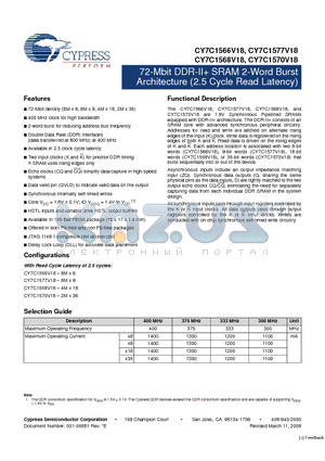 CY7C1566V18-375BZXC datasheet - 72-Mbit DDR-II SRAM 2-Word Burst Architecture (2.5 Cycle Read Latency)