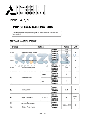 BDX62 datasheet - PNP SILICON DARLINGTONS