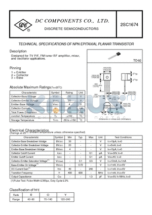 2SC1674 datasheet - TECHNICAL SPECIFICATIONS OF NPN EPITAXIAL PLANAR TRANSISTOR