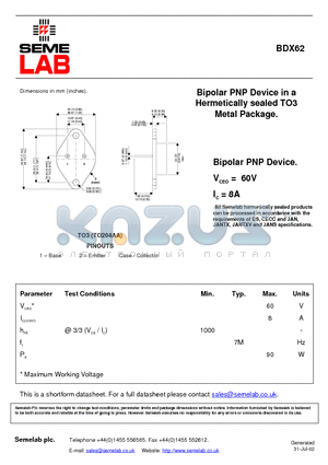 BDX62 datasheet - Bipolar PNP Device in a Hermetically sealed TO3
