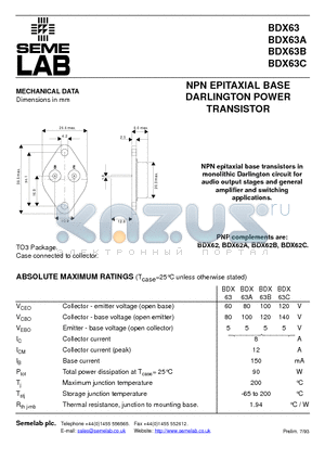 BDX63 datasheet - NPN EPITAXIAL BASE DARLINGTON POWER TRANSISTOR