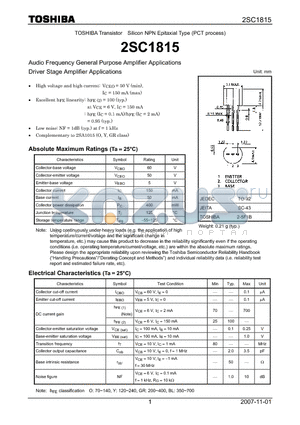 2SC1815 datasheet - Silicon NPN Epitaxial Type (PCT process)