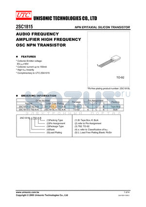 2SC1815-BL-T92-B-K datasheet - AUDIO FREQUENCY AMPLIFIER HIGH FREQUENCY OSC NPN TRANSISTOR