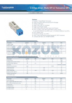 C-13-2500-FDFB-SLC2 datasheet - 2.5Gbps Single Mode SFF LC Transceiver (IR1)