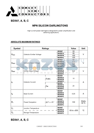 BDX67 datasheet - NPN SILICON DARLINGTONS