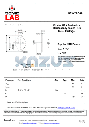 BDX67CECC datasheet - Bipolar NPN Device in a Hermetically sealed TO3