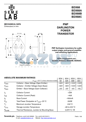BDX68 datasheet - PNP DARLINGTON POWER TRANSISTOR