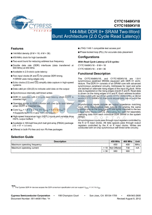 CY7C1650KV18-450BZC datasheet - 144-Mbit DDR II SRAM Two-Word Burst Architecture (2.0 Cycle Read Latency)