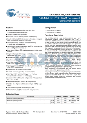 CY7C1613KV18 datasheet - 144-Mbit QDR^ II SRAM Four-Word Burst Architecture