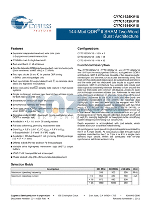 CY7C1625KV18 datasheet - 144-Mbit QDR^ II SRAM Two-Word Burst Architecture