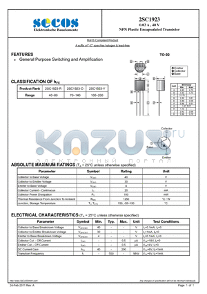 2SC1923 datasheet - NPN Plastic Encapsulated Transistor