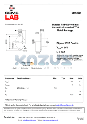 BDX86B datasheet - Bipolar PNP Device in a Hermetically sealed TO3