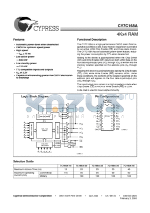 CY7C168A-20 datasheet - 4Kx4 RAM