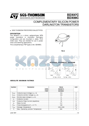 BDX87C datasheet - COMPLEMENTARY SILICON POWER DARLINGTON TRANSISTORS