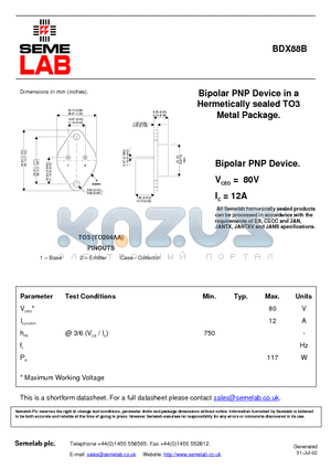 BDX88B datasheet - Bipolar PNP Device