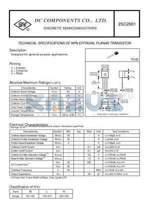 2SC2001 datasheet - TECHNICAL SPECIFICATIONS OF NPN EPITAXIAL PLANAR TRANSISTOR