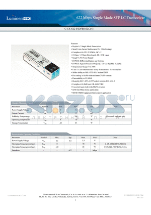 C-13-622-F-SLCA datasheet - 622 Mbps Single Mode SFF LC Transceiver