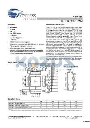 CY7C185-15VC datasheet - 8K x 8 Static RAM