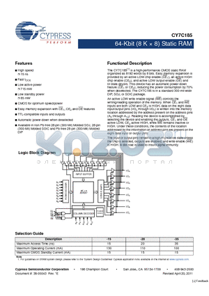 CY7C185-15VI datasheet - 64-Kbit (8 K  8) Static RAM CMOS for optimum speed/power